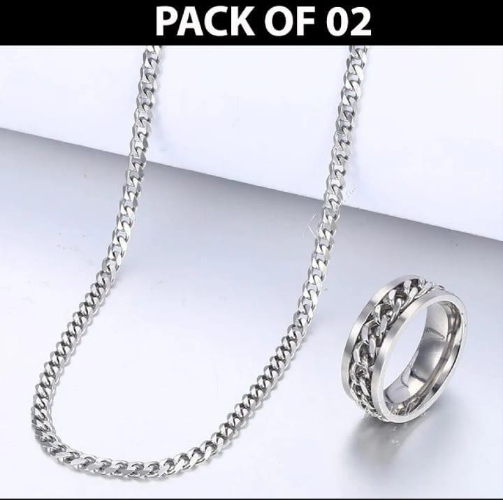 Trendy Silver Stainless Steel Necklace & Ring Set (2 Pieces) | Long Lasting Jewelry