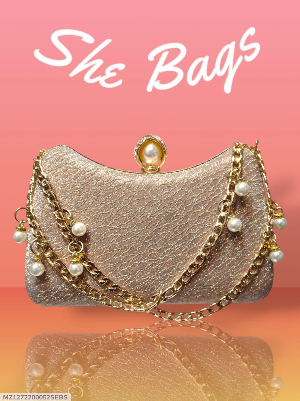 Women’s Golden Metal Fancy Clutch – Formal Textured Handbag