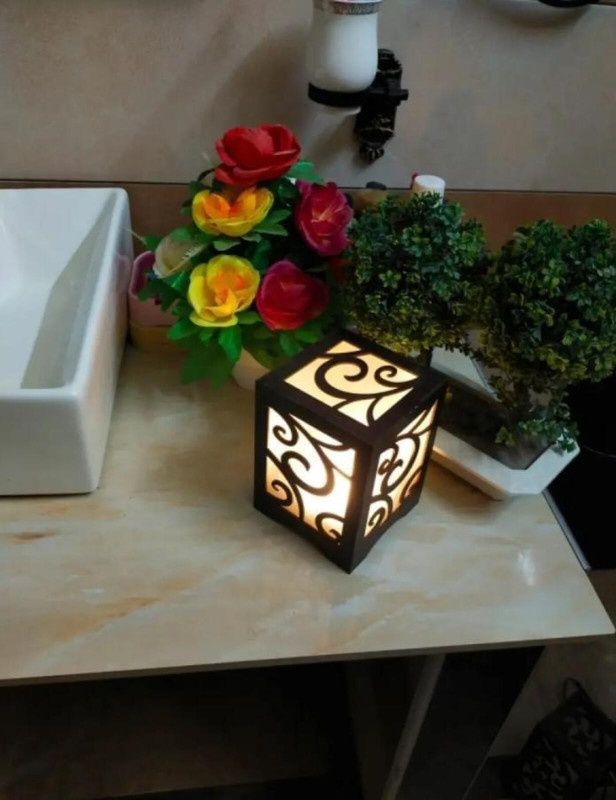 Modern MDF Wooden Table Lamp – Dark Brown with Warm Golden Light