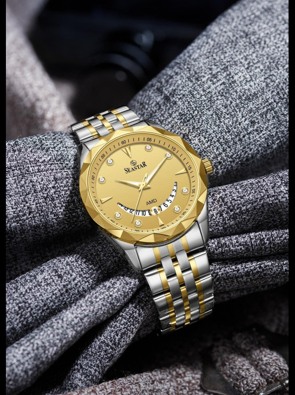 Seastar Luxury Gold & Silver Stainless Steel Men’s Watch with Diamond Markers and Date Display