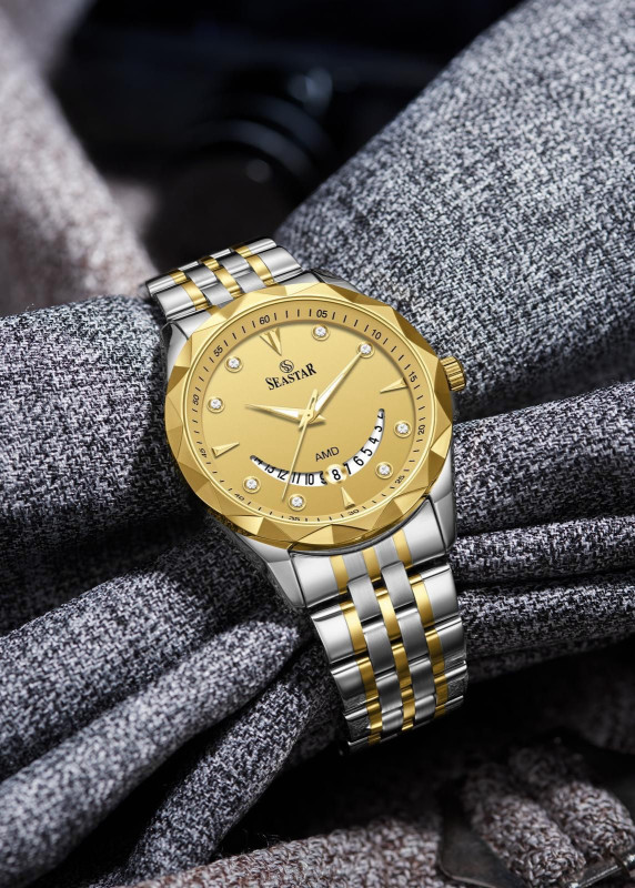 Seastar Luxury Gold & Silver Stainless Steel Men’s Watch with Diamond Markers and Date Display